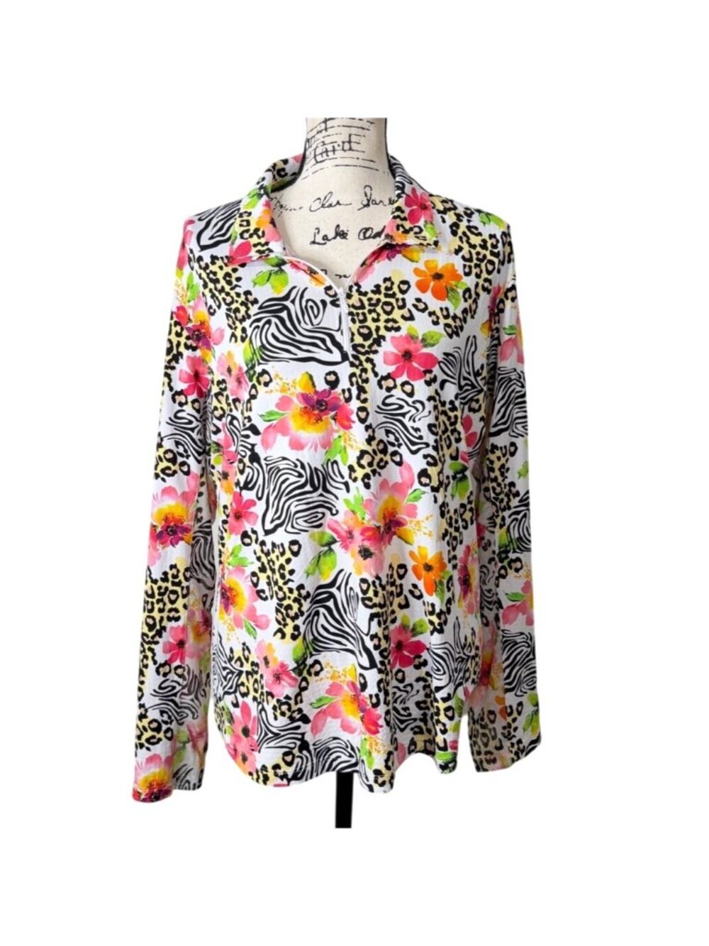 IBKUL Womens XXL Top 1/4 Zip Sun-Shirt Fun Floral Cheetah Print Long Sleeve